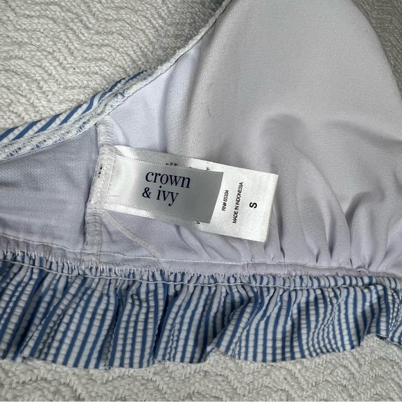 crown & ivy / light blue and white striped ruffled seersucker bikini size small - Picture 6 of 8